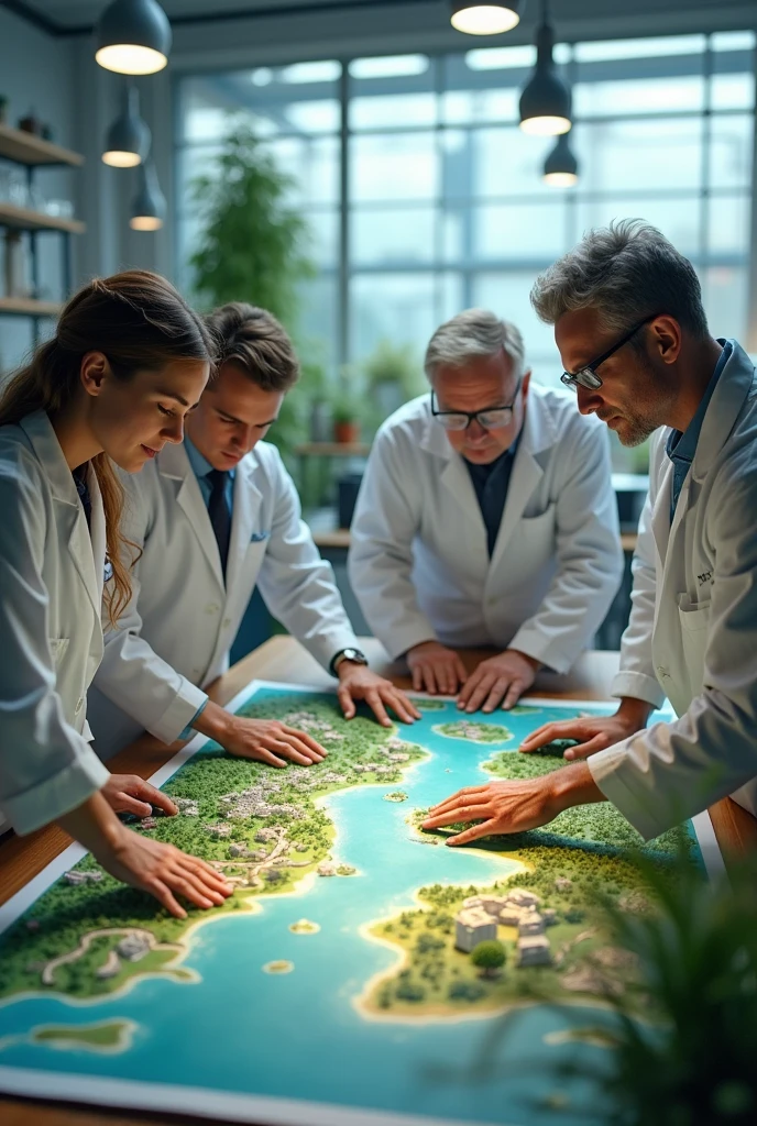 On a table a. Group of 4 scientists two young and one old and a woman with loose hair looking at a large illustrated map with landscapes like,mountains, city and forests and lots of vegetation . With a background as if they were in a large laboratory