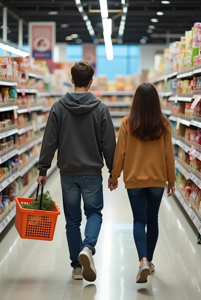 A young man walks with a shopping basket following his girlfriend in a supermarket.