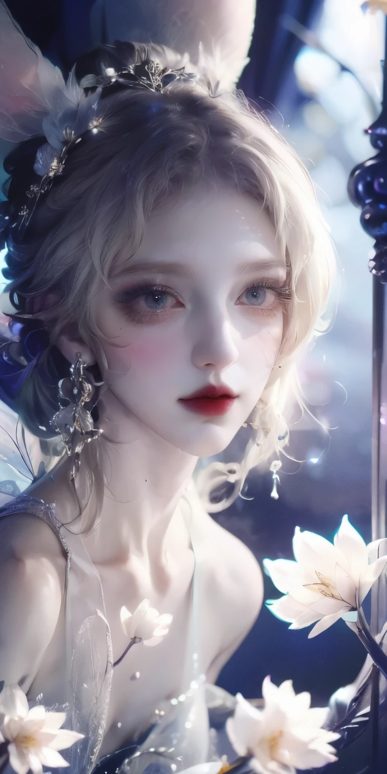 One was wearing a silver dress、Close-up of woman with flowers in hair, Big earrings and queer make up, Ethereal beauty, Fairy eyes, Giant earrings, Exquisite and sexy makeup, 2020 fashion, Big earrings, Big earrings, Fairy Tale Core, Ethereal!!! Surrealism, grey, Gothic Makeup, Beauty funeral, Unusual lily ears
