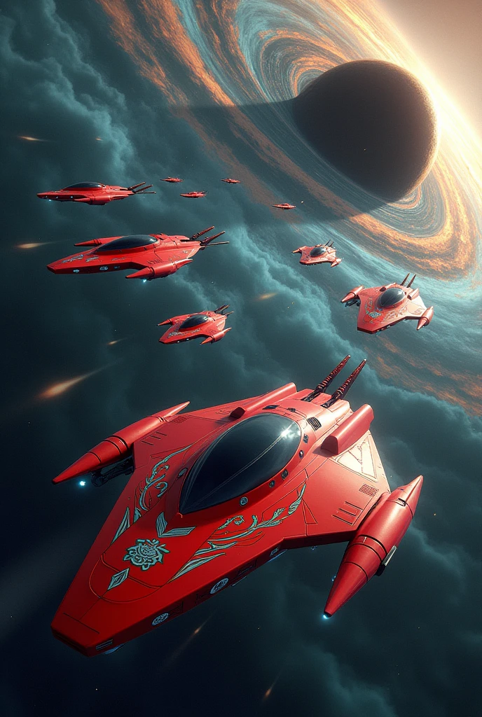 Indonesian logo scapeship red, galaxi background, a whole fleet, to the unknown, near black hole, fighting space monster, 4k