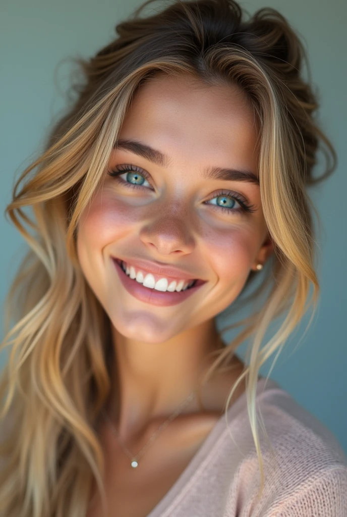 A realistic portrait of a beautiful 19-year-old girl with vibrant blue eyes. She has a fresh, youthful glow and a naturally radiant complexion. Her hair is styled in a modern, effortless way, enhancing her features. She’s wearing a chic yet casual outfit that fits well with current fashion trends, adding to her stylish look. Her expression is warm and engaging, with a genuine smile that conveys confidence and approachability, perfect for eye-catching Instagram content.

