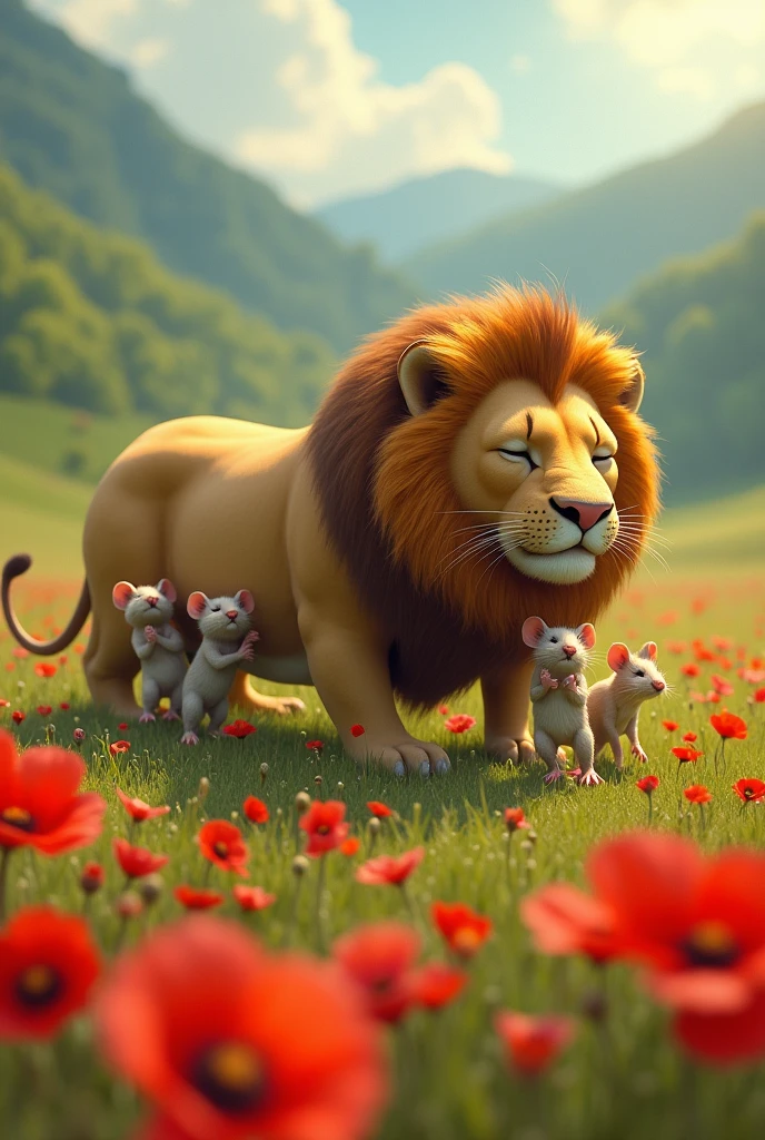 Create an image of a group of mice carrying a large, sleeping lion around a field of poppies.