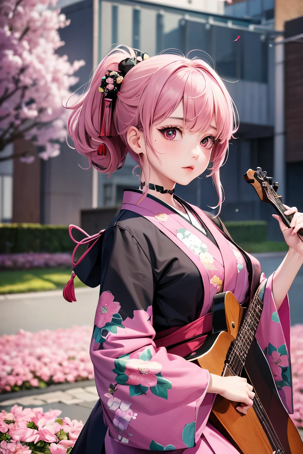 masterpiece, best quality, very detailed, high resolution, expensive resolution, high resolution, 4K, 8k, Unity 8k wallpaper, highly detailed CG, masterpiece, 2D, 3D, beautiful details, depth, fine texture, best quality: 1.3, perfect focus, crispy skin, he,
Very cute anime girl, girl playing guitar vocals in a band wearing a Japanese fancy floral haori hakama, on outdoor stage, full body, expensive pink and black short twin tail hair, mole under eye, looking at the viewer, expensive, blush, mole, lips open, , heart choker, pink eyes, guitar vocals, stage