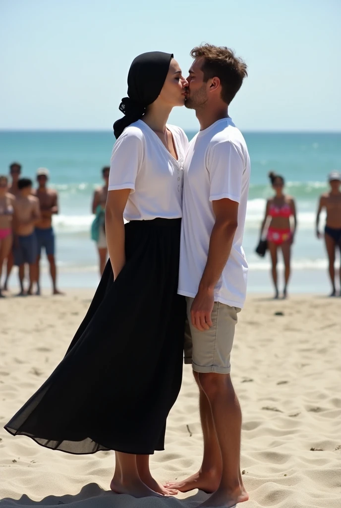 with black headscarf , black skirt,Barefoot woman kissing her boyfriend on the beach