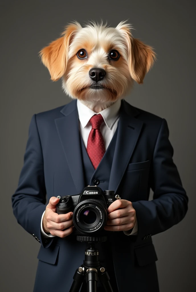 cute dog，Personification，full-body shot，Holding a camera，tripod，Photographer，Photo gesture,Set,Suit，tie, (Delicate face), (Fine hairs)，（35mm Cinema Lens），（Multi-angle shooting），（many viewing angles）