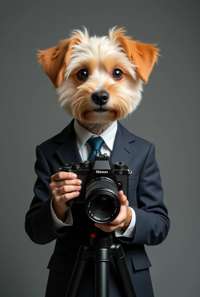 cute dog,Personification,full-body shot,Holding a camera,tripod,Photographer,Photo gesture,Set,Suit,tie, (Delicate face), (Fine hairs),(35mm Cinema Lens),(Multi-angle shooting),(many viewing angles)