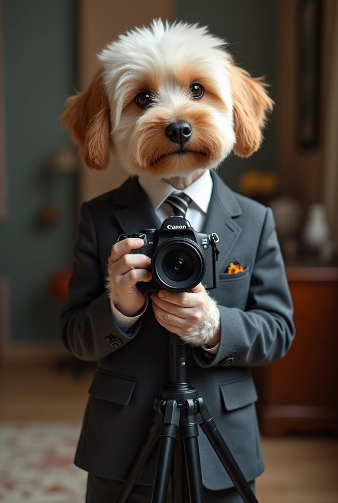 cute dog,Personification,full-body shot,Holding a camera,tripod,Photographer,Photo gesture,Set,Suit,tie, (Delicate face), (Fine hairs),(35mm Cinema Lens),(Multi-angle shooting),(many viewing angles)
