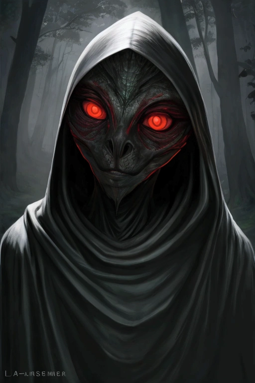 black hair, Red eyes, Long hood,Dark background, Forest in the background, horror, necromancer, masterpiece, a high resolution, Realistic anatomy, Damn Sla,