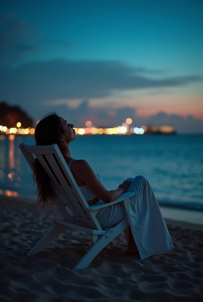 (Front focus), (masterpiece, top quality, the best, official art, Beauty and Aesthetics: 1.2), 1 girl lying on beach chair look up at the night sky, sad, Sitting by the sea, beach, night, look up, Sunset, Sunset, Looking at the sky absentmindedly, Wear a long skirt, White long skirt, (Half-length photo: 1.5), dynamic poses, original photo, contemporary aesthetics, Bright light, Backlight, original photo, sharp focus, realistic feeling, movie lighting, Volumetric lighting,