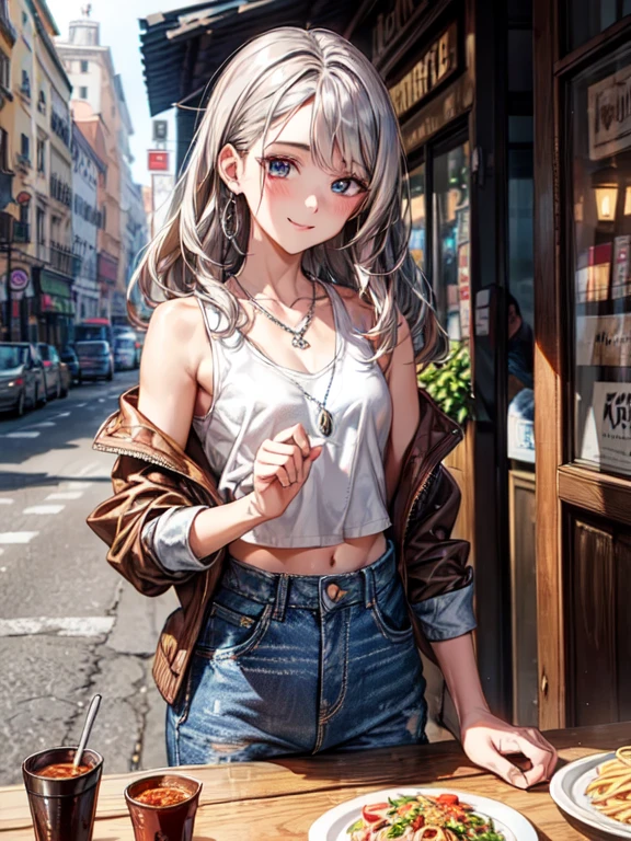 (RAW photo:1), (best quality:1.3), (masterpiece:1.3), (ultra-detailed:1.3), (beautiful:1), (beautiful detailed eyes:1.1), (extreme detailed illustration:1.3), (professional lighting, face lighting:1.2), (perfect anatomy, left to right balance, Perfect Hands,Perfect Fingers,Perfect Limbs,Perfect Body,Correct Human Body, beautiful eyes:1.3), soft light, beautiful body, (31 years old:1.2,) (light brown hair:1.3), medium hair, wavy hair: 1.3, (brown eyes), Office lady, Receptionist, hardworking and dedicated, extreme detailed illustration, (portrait of a person, DSLR style, shallow depth of field, background blur, bokeh effect, f/1.8:1.1), 1girl, (smile:1.2), (cute:1.2), happy, twenties, looking at viewer, wearing trendy outfit, cropped denim jacket, cropped white tank top underneath:1.3, (silver chain necklace with small red charm:1.3), piercings, silver bracelet), , breasts rest, person enjoying pasta lunch, outdoor cafe setting, vibrant city atmosphere, photorealistic, afternoon sun, detailed focus on pasta dish, RAW photo, SPAGHETTI AL POMODORO, lora:foodphoto:1 foodphoto, dslr, soft lighting, high quality, wide angle