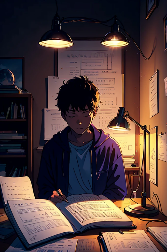 A student spends the night studying in his room, with a soft lamp illuminating their notebooks. and the lo-fi music plays softly in the background.