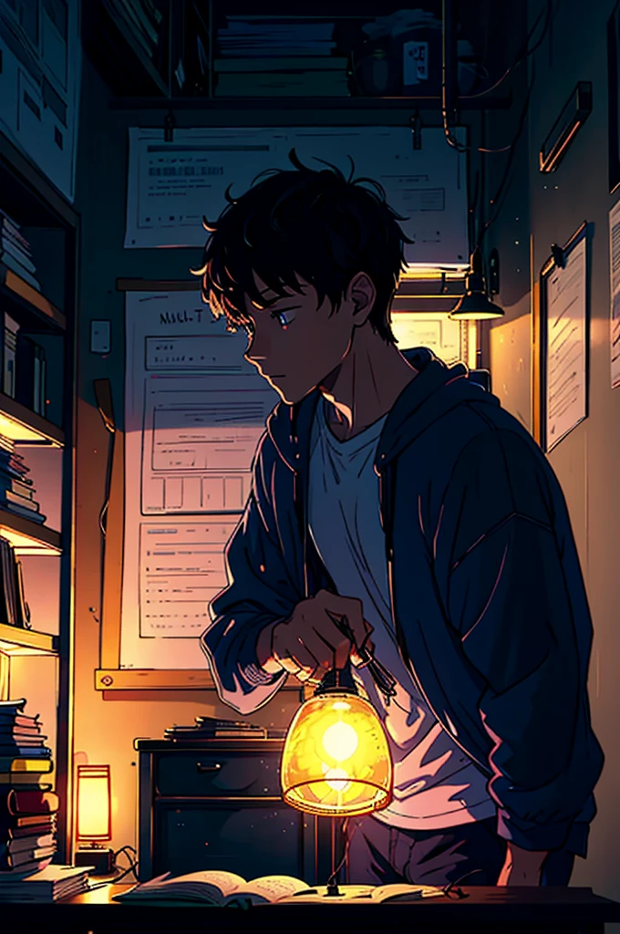A student spends the night studying in his room, with a soft lamp illuminating their notebooks. and the lo-fi music plays softly in the background.