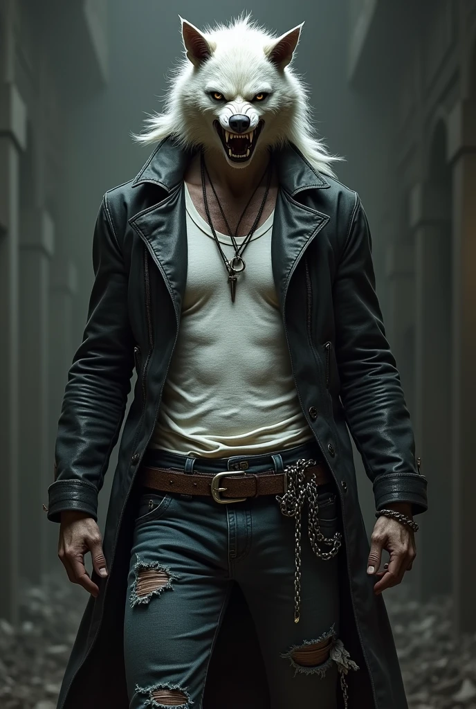 A pale vampire with a human body and a werewolf-headed hybrid, with a muscular body and wearing a black leather jacket with a white ripped t-shirt underneath and jeans with a belt where he carries a sword and chains around his neck