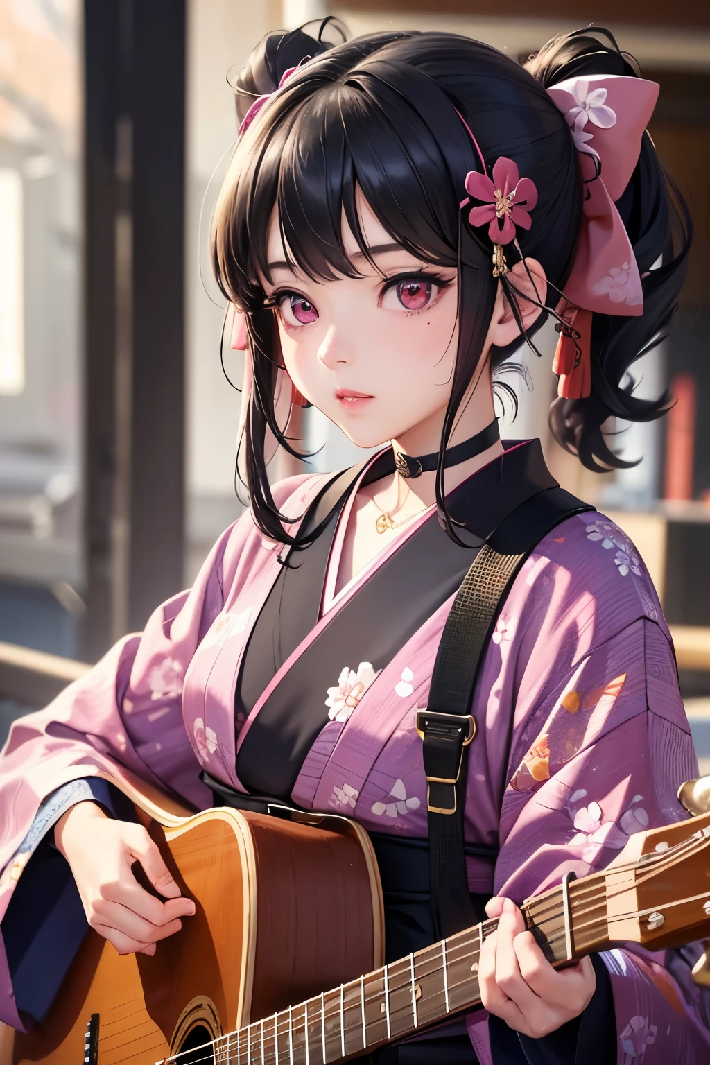 masterpiece, best quality, highly detailed, high resolution, expensive resolution, high resolution, 4K, 8k, Unity 8k wallpaper, highly detailed CG, masterpiece, 2D, 3D, beautiful details, depth, fine texture, best quality: 1.3, perfect focus, crispy skin, he, very cute anime girl, girl wearing a Japanese fancy floral haori hakama and playing guitar vocals in a band, ear mic, outdoor stage, full body, expensive black hair in short twin tails with pink inner, mole under eye, looking at the viewer, expensive, blush, mole, open lips,, heart shaped choker, pink eyes, guitar vocals, ear mic, stage