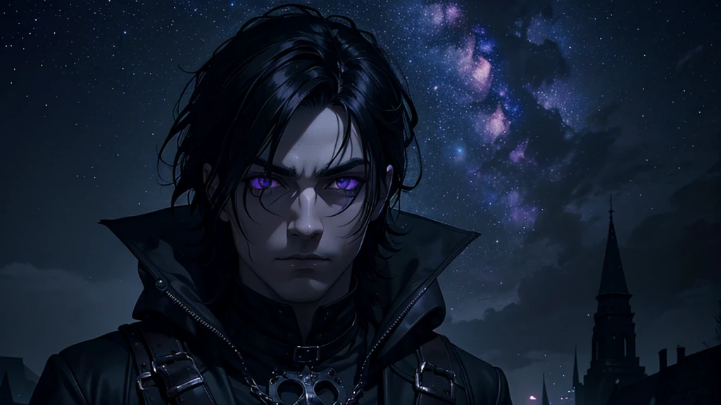 a gothic man with black hair, purple eyes looking up at the starry sky, the stars reflected in his eyes, dark and mysterious, cinematic, dramatic lighting, moody atmosphere, hyper-detailed, 8K, high quality, photorealistic