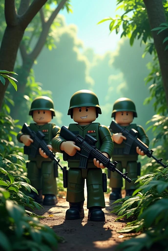 Vietnam People's Army holding guns standing in the middle of the jungle roblox