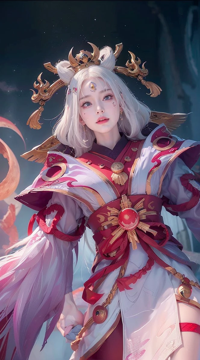 face lighting,bright backlight,super high resolution,best quality,Photos,4k,(Realistic:1.2),huiye,1girl,(kimono:1.1),(the third eye:1.3),horns,(pale skin:1.5),(white hair:1.2),long hair,(night:1.2),
(red moon:1.4),