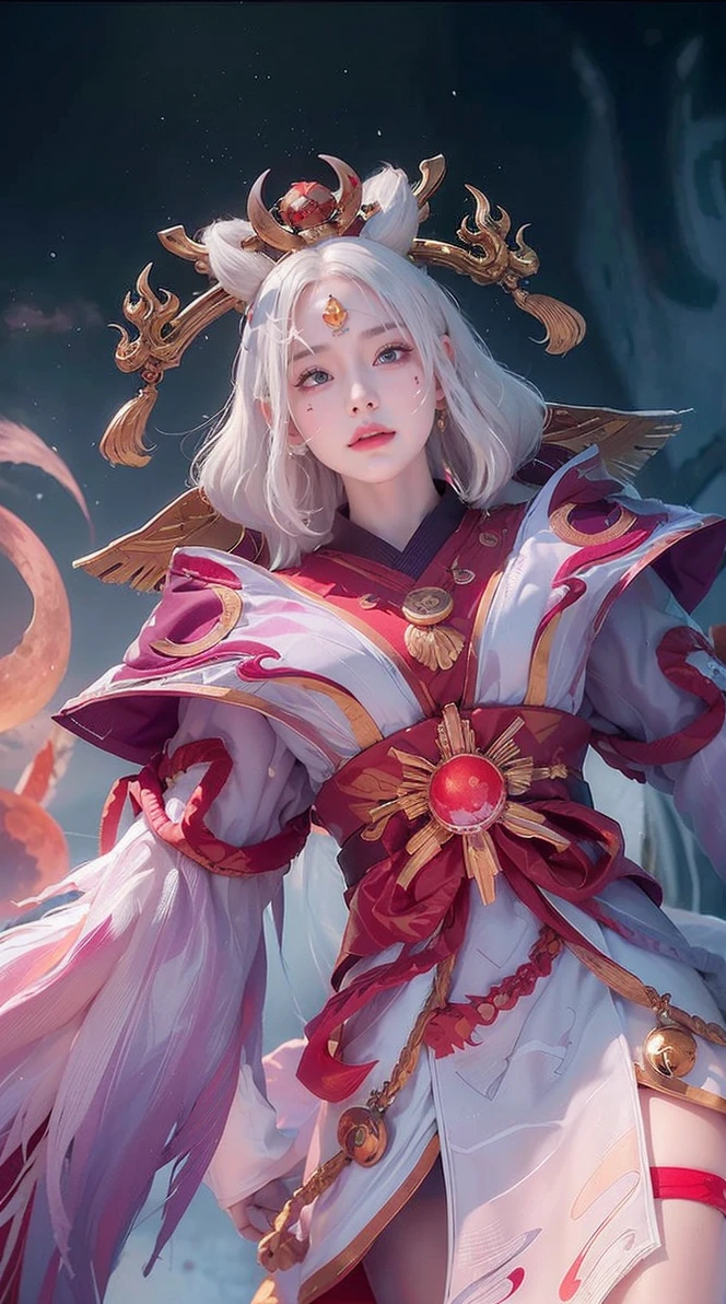 face lighting,bright backlight,super high resolution,best quality,Photos,4k,(Realistic:1.2),huiye,1girl,(kimono:1.1),(the third eye:1.3),horns,(pale skin:1.5),(white hair:1.2),long hair,(night:1.2),
(red moon:1.4),