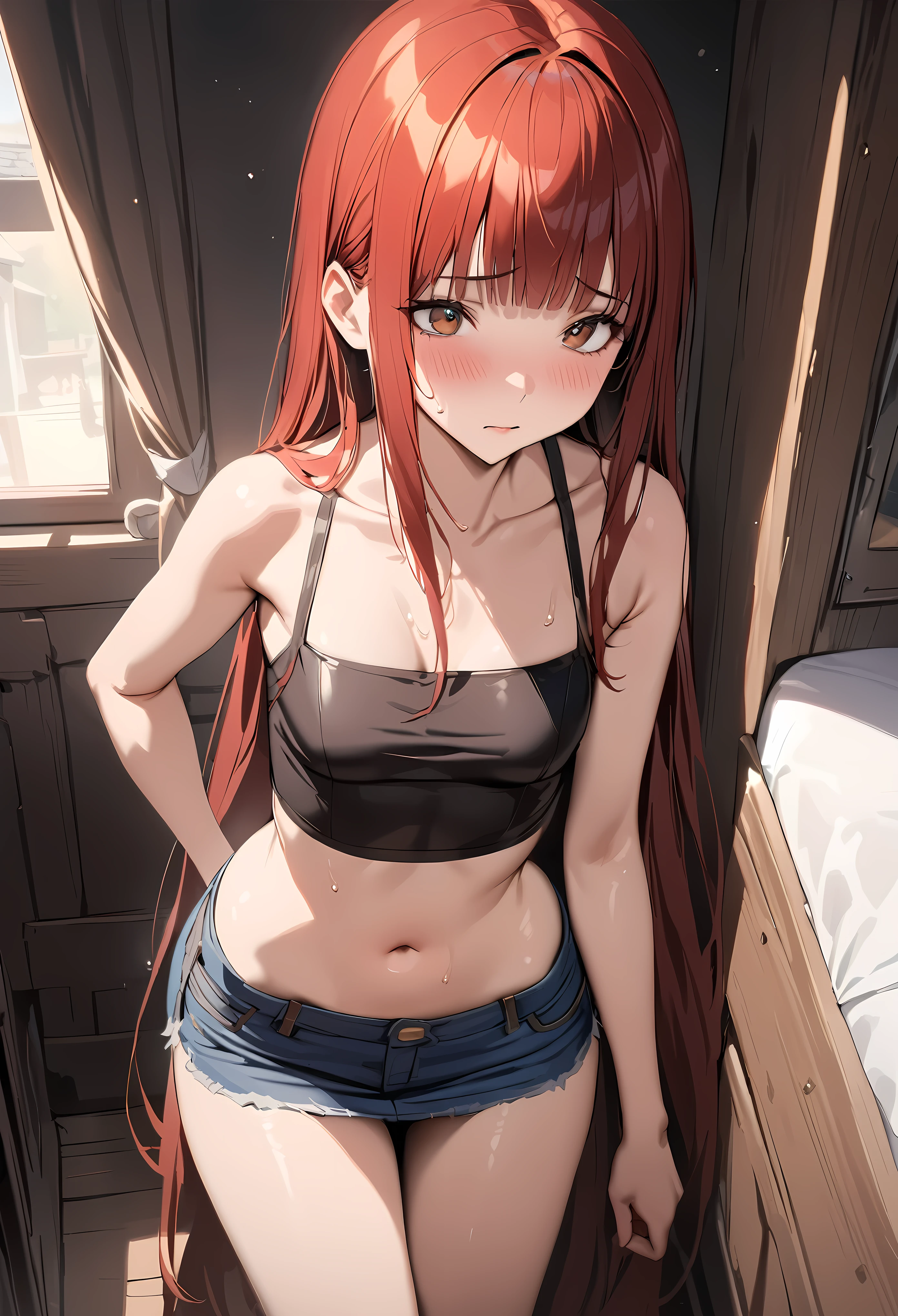 ((masterpiece,best quality anime,Highest quality:1.3)),realistic,cowboy shot,(25 year old beauty), gunslinger ,1woman,solo,((very small head:1.4)),((very long body:1.3)),red hair,bangs,straight long hair,gorgeous big eyes,brown eyes,shy,((Denim mini skirt))、(Black tube top shirt、Crop top),navel、((slender body:1.3,skinny)),small breasts,gleaming skin,shiny skin,sweat,Simple bedroom、The World of Westerns、