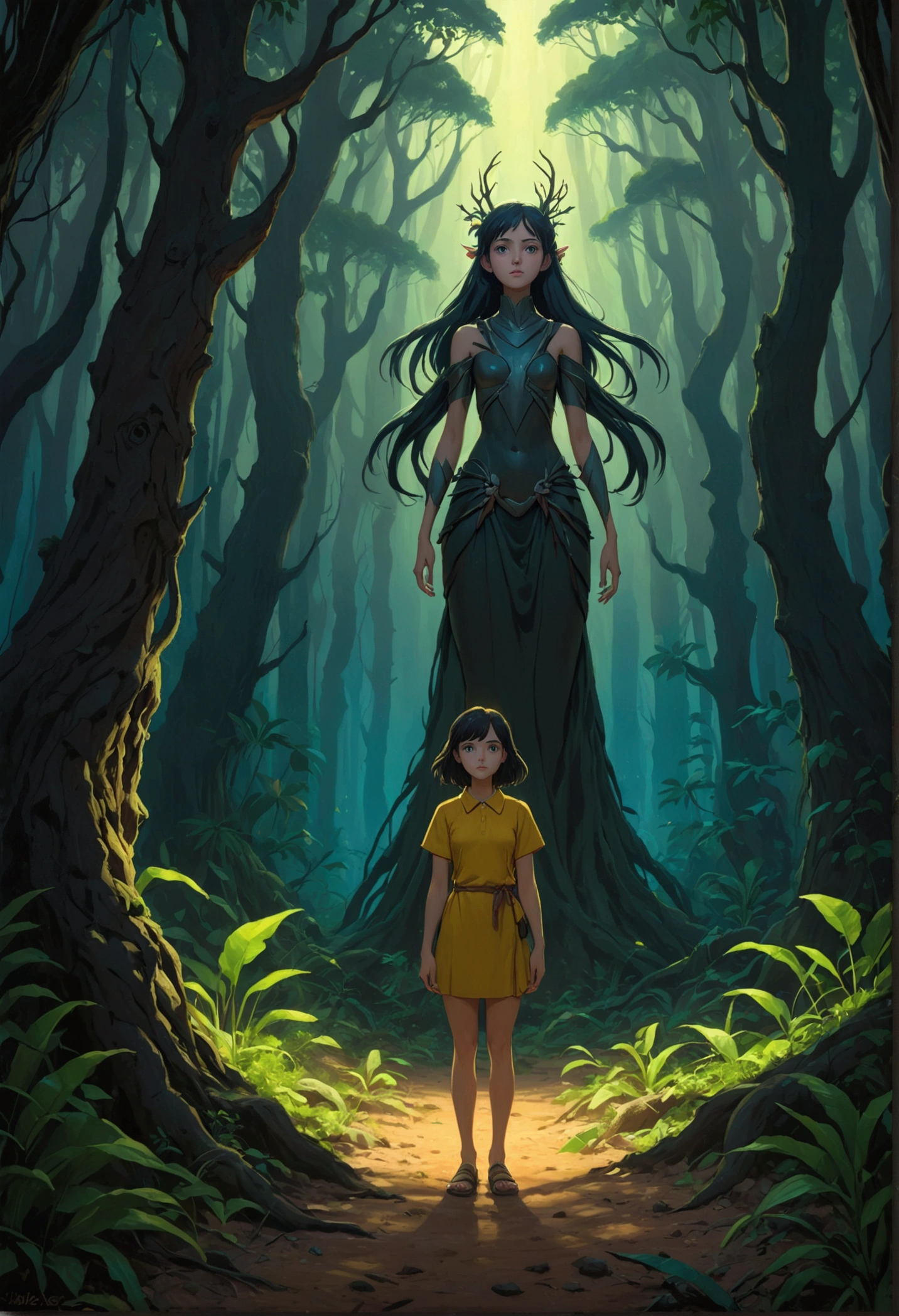Beautiful girl standing in the dark forest, Epic Style, Octane Rendering, Desert ingredients, Pretty Face, Surrealism, Oil on canvas, The award-winning, masterpiece, Popular on artstation, Studio Ghibli