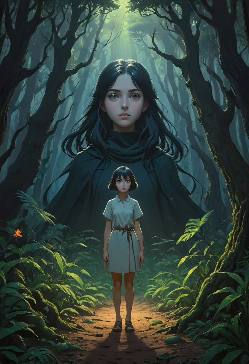 Beautiful girl standing in the dark forest, Epic Style, Octane Rendering, Desert ingredients, Pretty Face, Surrealism, Oil on canvas, The award-winning, masterpiece, Popular on artstation, Studio Ghibli