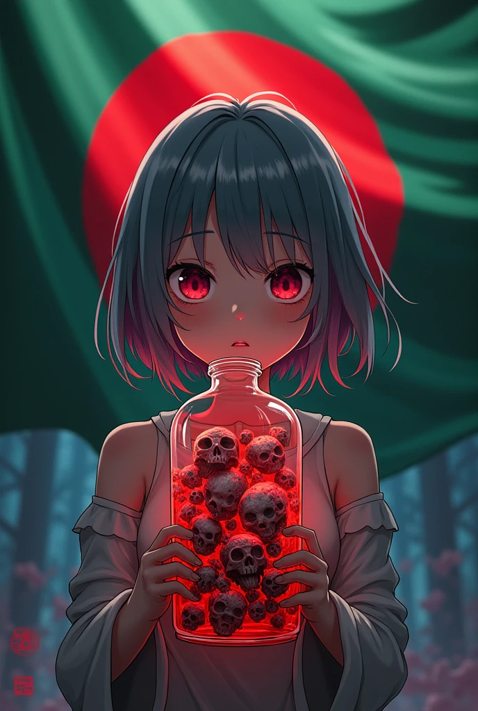 A anime girl have a bottle of red blood filled with skeletons dead body. There is a anime background . The national flag of Bangladesh is flowing behind the bottle.