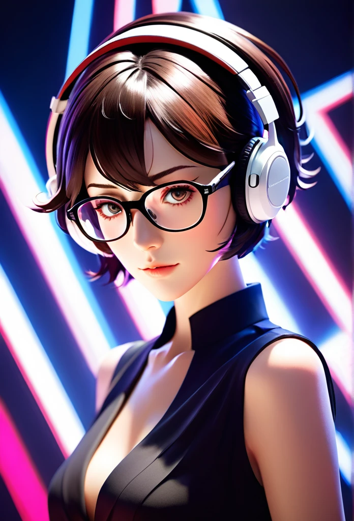 A original character, a adult woman, with a maternal yet alluring gaze. Dressed formally with a touch of sportiness, wearing headphones and glasses. Short hair, strongly inspired by Tae Takemi from Persona 5. Striking a dynamic pose with multiple points of light, featuring calm colors.