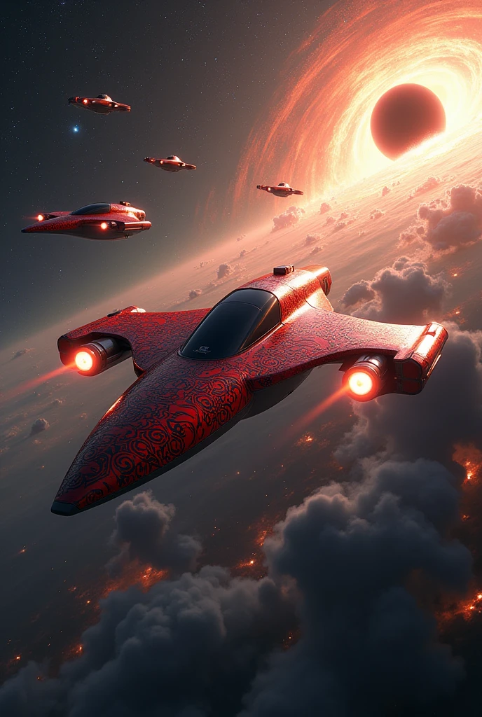 Indonesian logo scapeship red batik, galaxi background, a whole fleet, to the unknown, near black hole, 4k