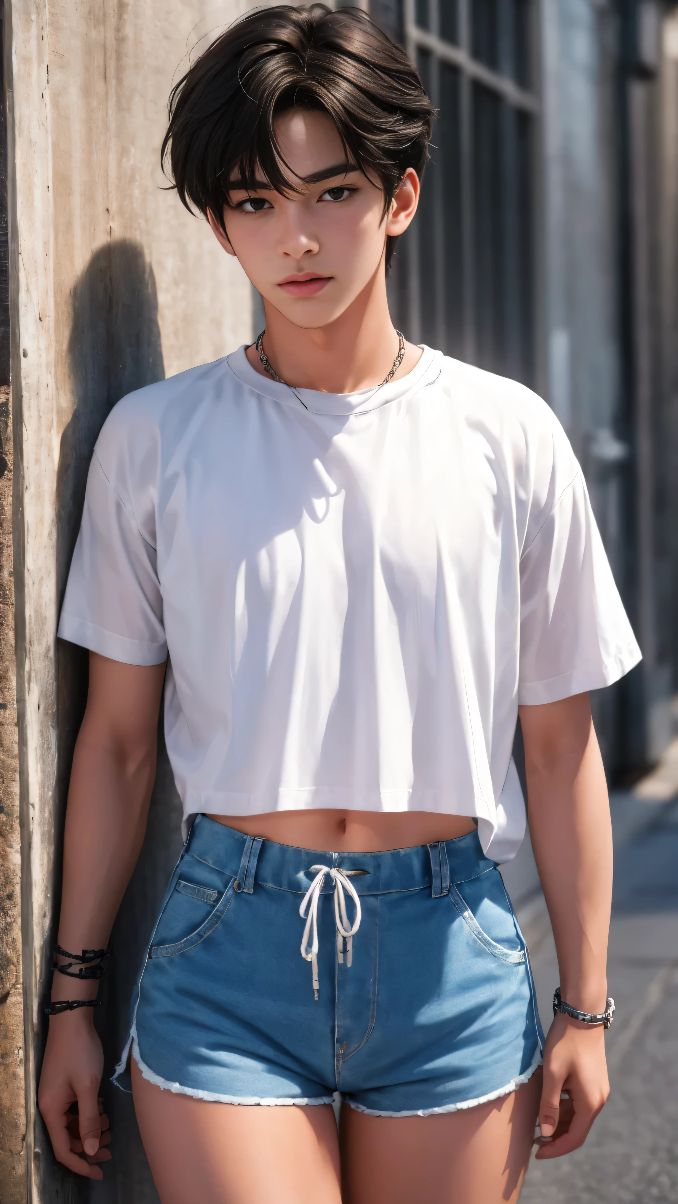 Handsome boy 18 years old, tanned, cute face, brown eyes, dark hair, bangs, wearing short sleeved cropped shirt and excessively short mini shorts, long slim legs, bracelets, flirtatious pose, hot summer, top quality