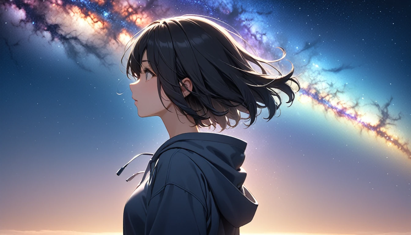 Starry Sky、milky way、One woman、Black Hair、Short Hair、Hair blowing in the wind、profile、Wearing a hoodie、Back view、Full body portrait