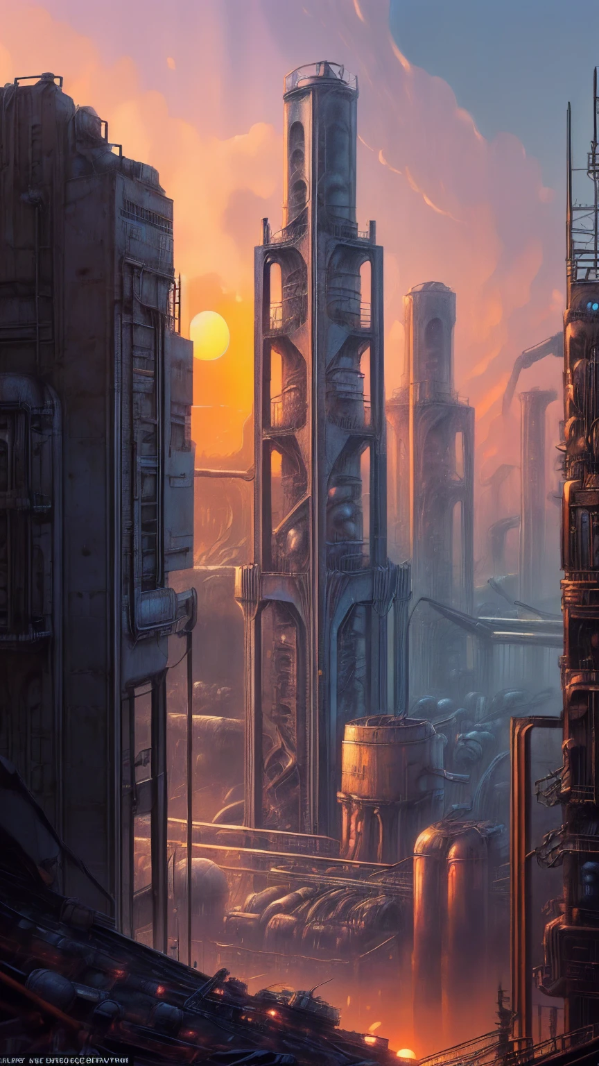 long shot: 1.3, masterpiece, ((industrial city scene with sky with sunset: 1.5)),(( machinery, metal: 1.5)), very beautiful Digital art, Digital art. very detailed and very detailed magical fantasy, colorful digital fantasy art, highly detailed Digital art, beautiful and gorgeous Digital art, very detailed digital painting, 32K