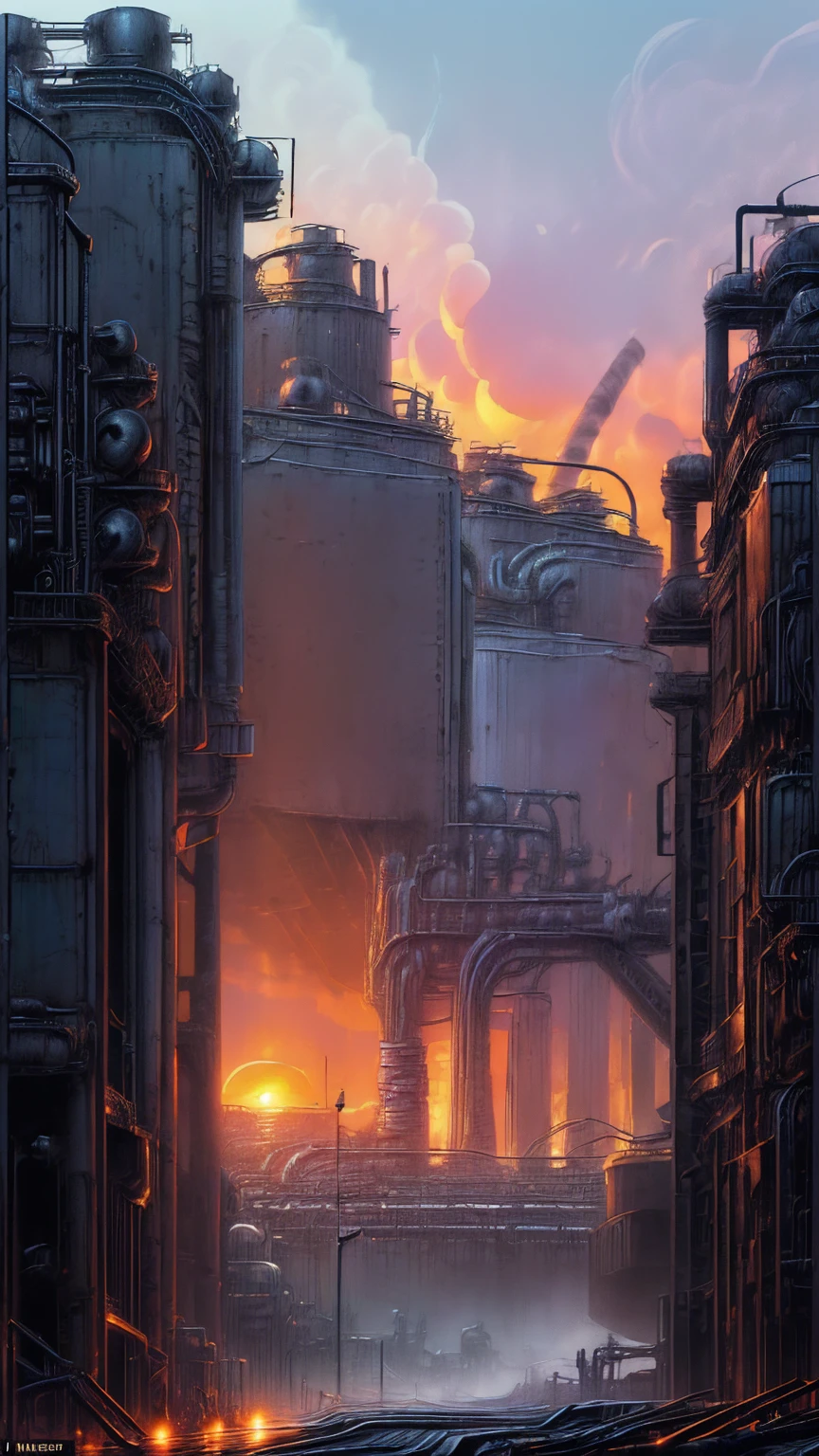 long shot: 1.3, masterpiece, ((industrial city scene with sky with sunset: 1.5)),(( machinery, metal: 1.5)), very beautiful Digital art, Digital art. very detailed and very detailed magical fantasy, colorful digital fantasy art, highly detailed Digital art, beautiful and gorgeous Digital art, very detailed digital painting, 32K