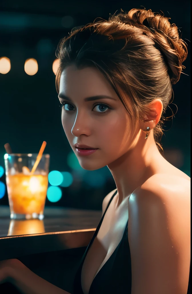 portrait: Attractive woman with updo, sitting at the bar in a nightclub. Physically Based Octane Rendering, This masterpiece is of the highest quality, Ultra high definition,Very detailed, 8k Raw Photo:1.5. Featuring cinematic lighting with sharp focus and exquisite detail.