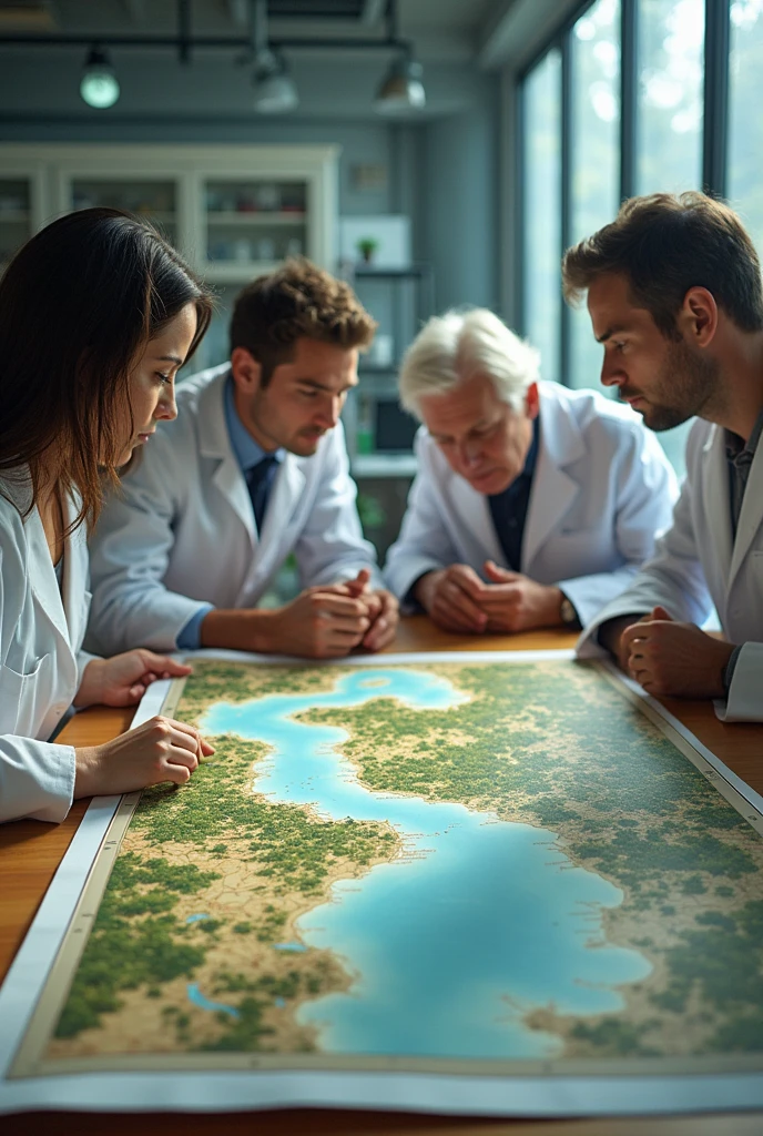 On a table a. Group of 4 scientists two young men and one old man and a woman with loose hair looking at a large illustrated map with landscapes like,mountains, city and forests and lots of vegetation and no sea or rivers . With a background as if they were in a large laboratory 