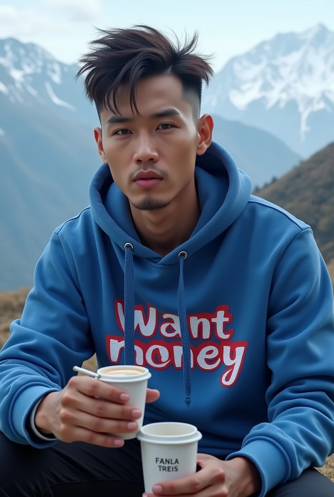 (photorealism:1.2),a 25 year old Indonesian man, Korean Hairstyles , ripped jeans, nike jordan shoes, wearing a blue hoodie with red gradient, inscribed "Want money", graffiti text, clear. sitting pose, holding a cup of coffee and a cigarette, cool mountain background, good morning. Real details, hyper realistic, UHD, Photography