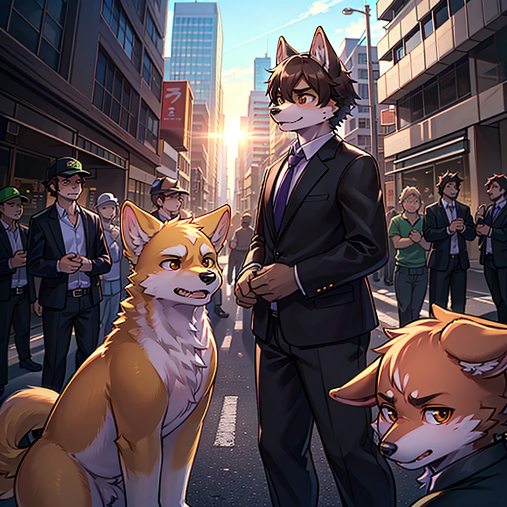 realistic detailed shiba inu dog, angry japanese businessman protesters,striking workers with picket signs, young shiba inu dog in urban city scene,chiaroscuro lighting,(best quality,8k,detailed,photorealistic:1.5), cinematic composition, dramatic lighting, highly detailed,vibrant colors