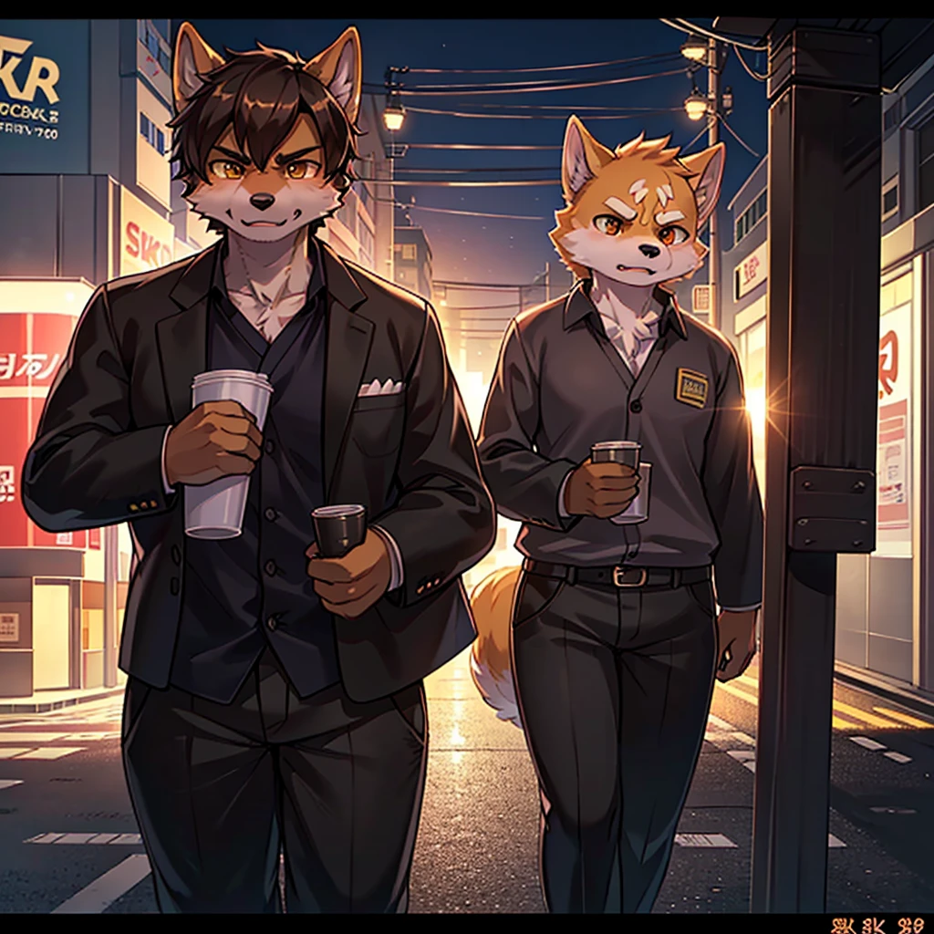 realistic detailed shiba inu dog, angry japanese businessman protesters,striking workers with picket signs, young shiba inu dog in urban city scene,chiaroscuro lighting,(best quality,8k,detailed,photorealistic:1.5), cinematic composition, dramatic lighting, highly detailed,vibrant colors