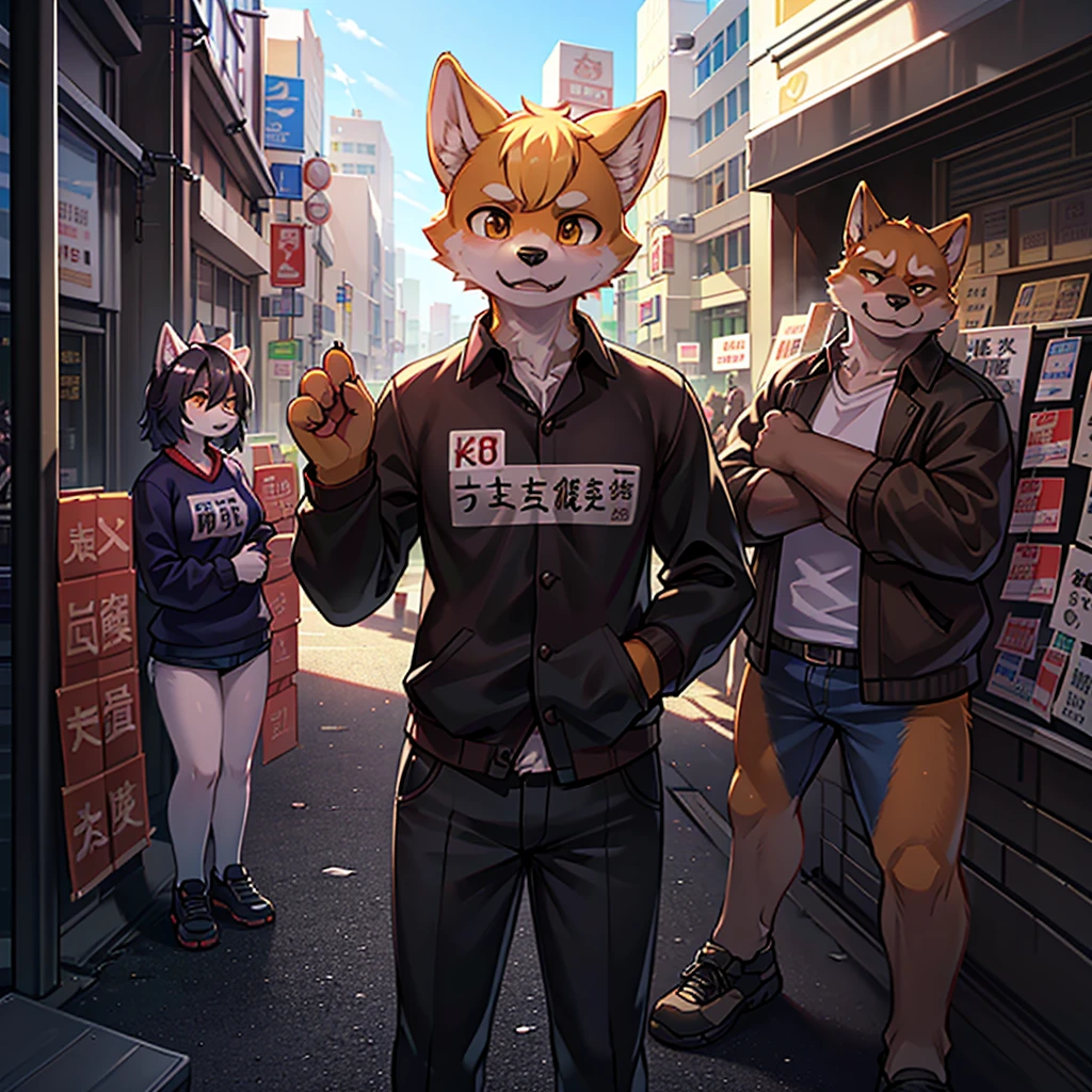 realistic detailed shiba inu dog, angry japanese businessman protesters,striking workers with picket signs, young shiba inu dog in urban city scene,chiaroscuro lighting,(best quality,8k,detailed,photorealistic:1.5), cinematic composition, dramatic lighting, highly detailed,vibrant colors