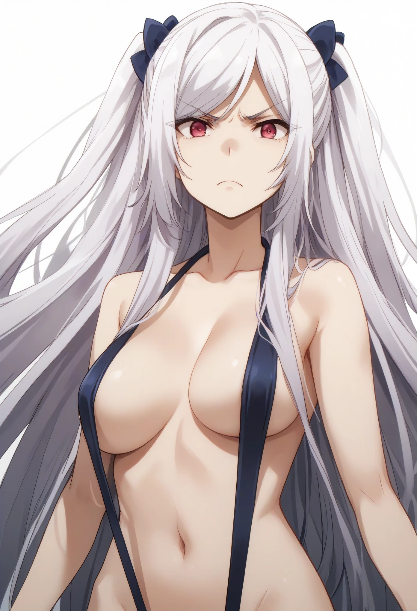 alexia midgar, long hair, very long hair, hair ribbon, white hair, red eyes, sidelocks, ribbon,((slingshot swimsuit)),((plain white background)),disgust,looking disgusted
