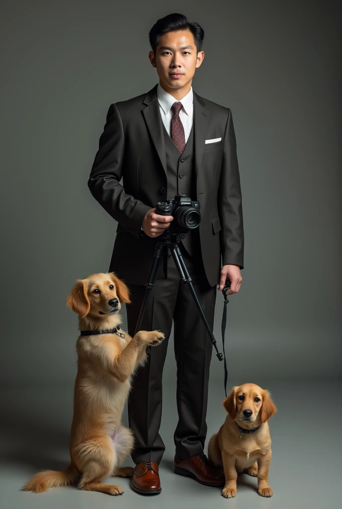 cute dog,Personification,full-body shot,Delicate leather shoes,Holding a camera,tripod,Photographer,Photo gesture,Set,Suit,tie, (Delicate face), (Fine hairs),(35mm Cinema Lens),(Multi-angle shooting),(many viewing angles)