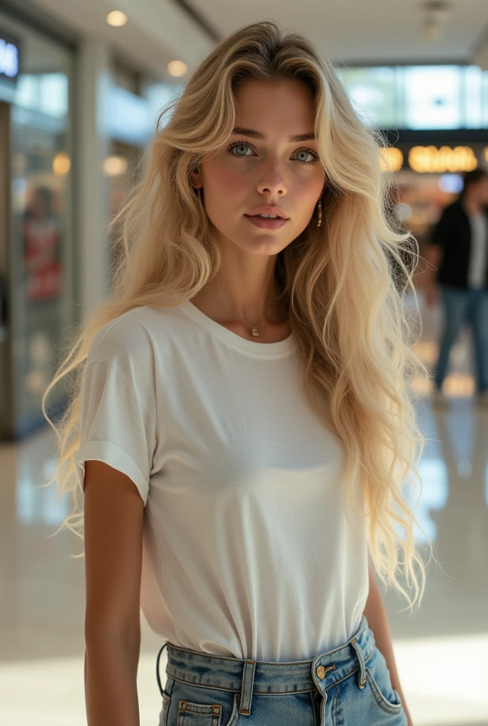 (photorealism: 1.2), beautiful 22 year old woman with long curly blonde hair, she must have her hair tied up, she must have light blue eyes, she must be in a skirt, she must have a t-shirt, she must wear white shoes, she must be in a mall  