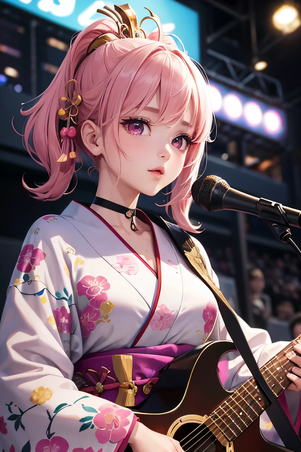 masterpiece, best quality, very detailed, high resolution, expensive resolution, high resolution, 4K, 8k, Unity 8k wallpaper, highly detailed CG, masterpiece, 2D, 3D, beautiful details, depth, fine texture, best quality: 1.3, perfect focus, crispy skin, he,
Very cute anime girl, girl playing guitar vocals in a band wearing a Japanese fancy floral haori hakama, on outdoor stage, full body, expensive pink and black short twin tail hair, mole under eye, looking at the viewer, expensive, blush, mole, lips open, , heart choker, pink eyes, guitar vocals, stage
