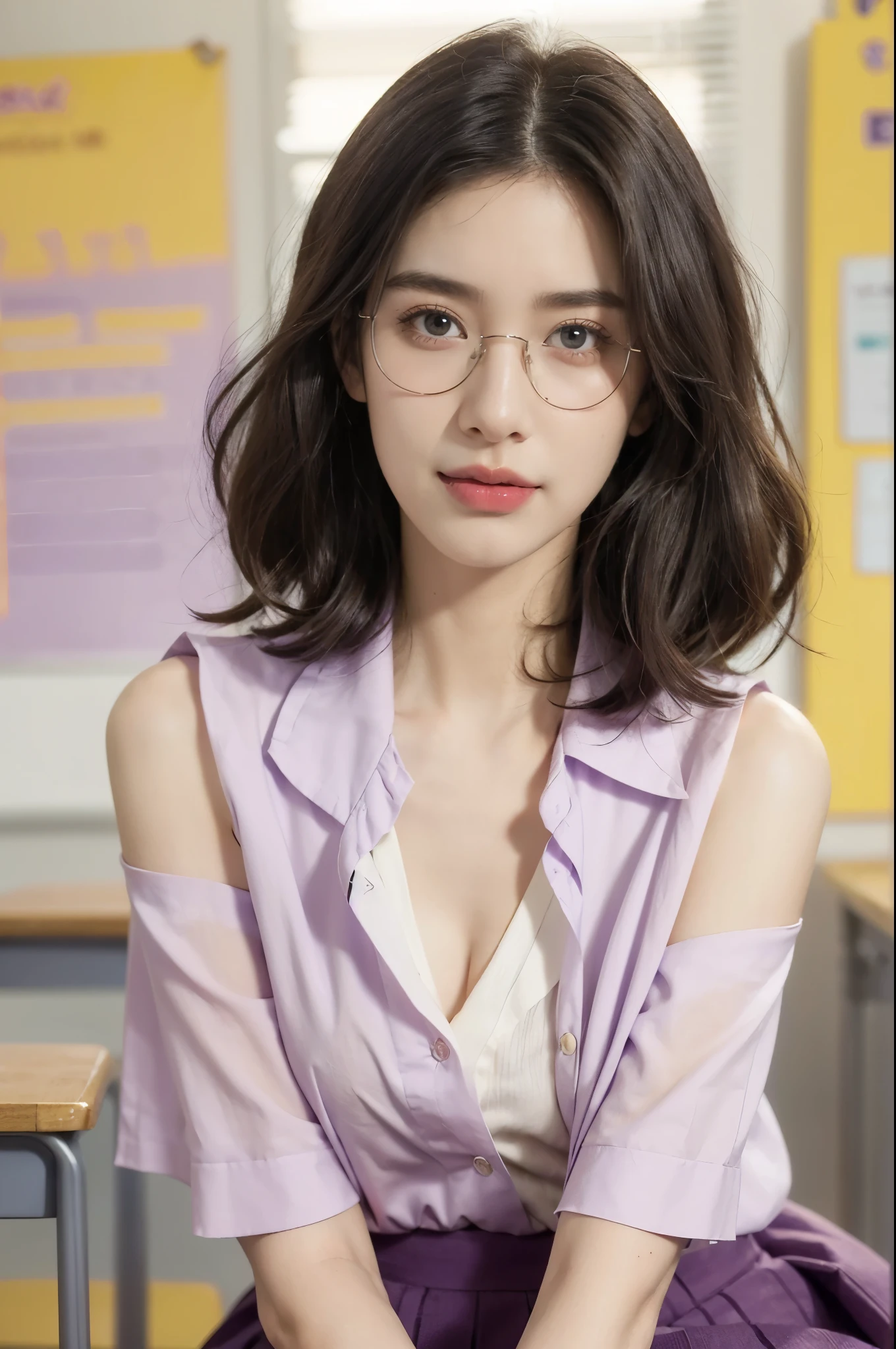(((best quality))),(((ultra detailed))),(((masterpiece))),illustration,((1 beautiful young girl,female teacher,solo)),(shoulder-length wavy bob:1.3),(glasses:1.2),((slim,thin)),((small breasts,flat chest,cleavage)),(summer:1.3),(indoor:1.2),(in classroom:1.3),(light purple collared short-sleeved shirt:1.3),(open shirt:1.5),(maxi purple skirt:1.3), elegance, confidence, professional attire, fashionable, personal style, wall posters, maps, colorful, learning, organized, desks, chairs, whiteboard, important information, diagrams, bright eyes, focused, gentle smile, warmth, kindness, positivity, enthusiasm, inspiring, students, joy, intelligence, snapshot, dedication, grace,((from front,upper body))
