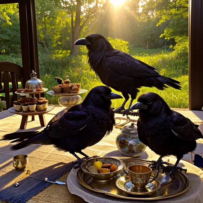 ((Illustrated)), ((anthropomorphic)), (detailed), (a group of crow, having a tea party adorned with trinkets and jewelry), (glowing sunlight), (backlighting), (cottagecore), (magilcal vibes), bird like, black feathers, wings, adorned with jewlery, piles of trinkets