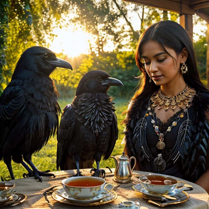 ((Illustrated)), ((anthropomorphic)), (detailed), (a group of crow, having a tea party adorned with trinkets and jewelry), (glowing sunlight), (backlighting), (cottagecore), (magilcal vibes), bird like, black feathers, wings, adorned with jewlery, piles of trinkets