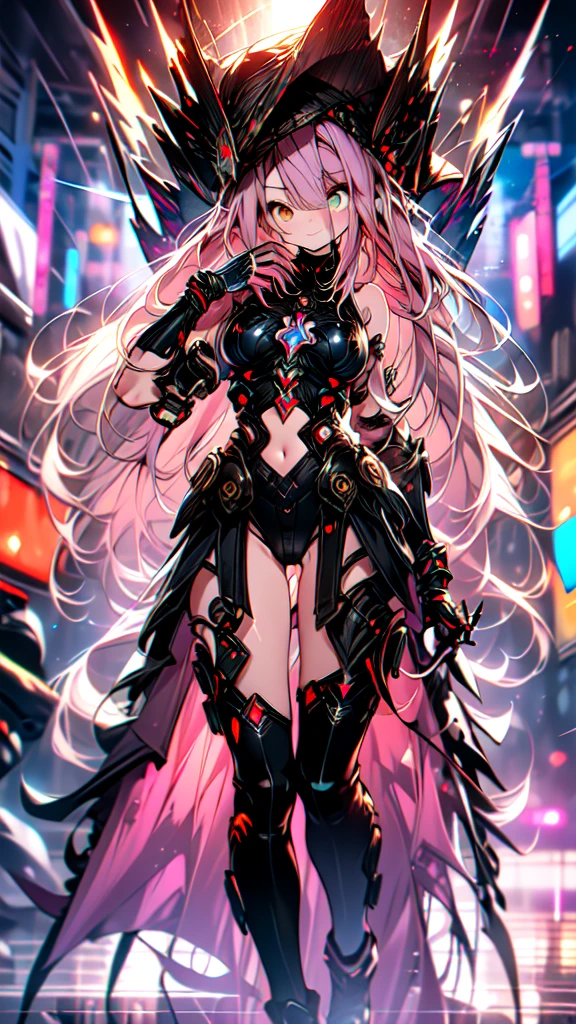 (full body),TYPHON,1girl,yellow eyes,Redee,独奏,very long hair,black dress,blush,elbow gloves,bare shoulders,heterochromia,black sclera,gauntlets,((leotard)),(masterpiece), (Highest quality), High resolution, Intricate details,Pose in front，