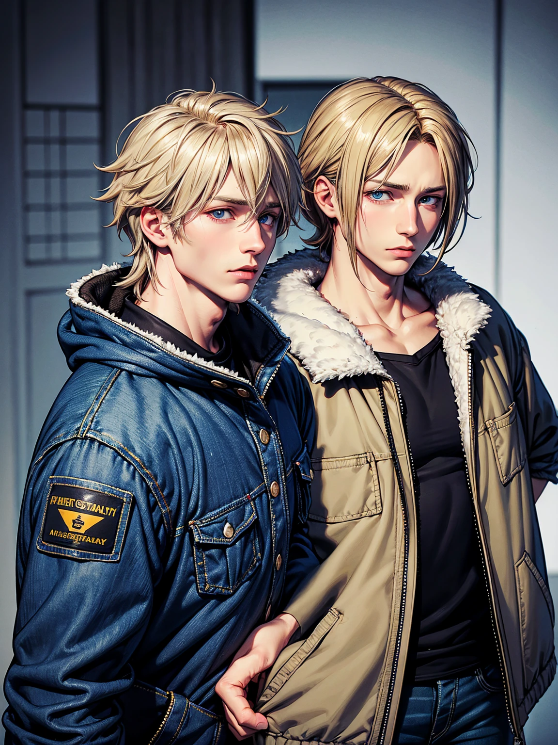 (Name: Alex Hendry), Blonde,Mullet Hair 1:3, Handsome, Cool, Sherpa Furry Jacket, In a Dark Hospital, Detailed, , Jeans, Perfect Eyes, Silent Hill's Vibes, Perfect Face