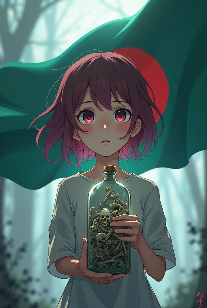 A anime girl have a bottle of red blood filled with dead skeletons  There is a anime background . The national flag of Bangladesh is flowing behind the bottle.