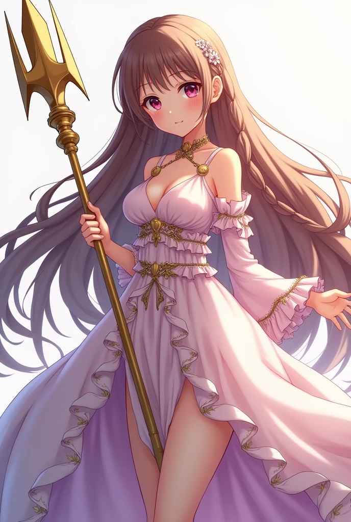 Generate me an anime style image of a girl with a long braid(rapunzel type) She has brown hair and wine red eyes that lean towards dark magenta., Her outfit is a floor-length dress with straps and ruffles from the bust to the foot and in her hand she has a spear in the shape of a golden arrow.(que not the theresa apocalipse but honkai impact 3rd)