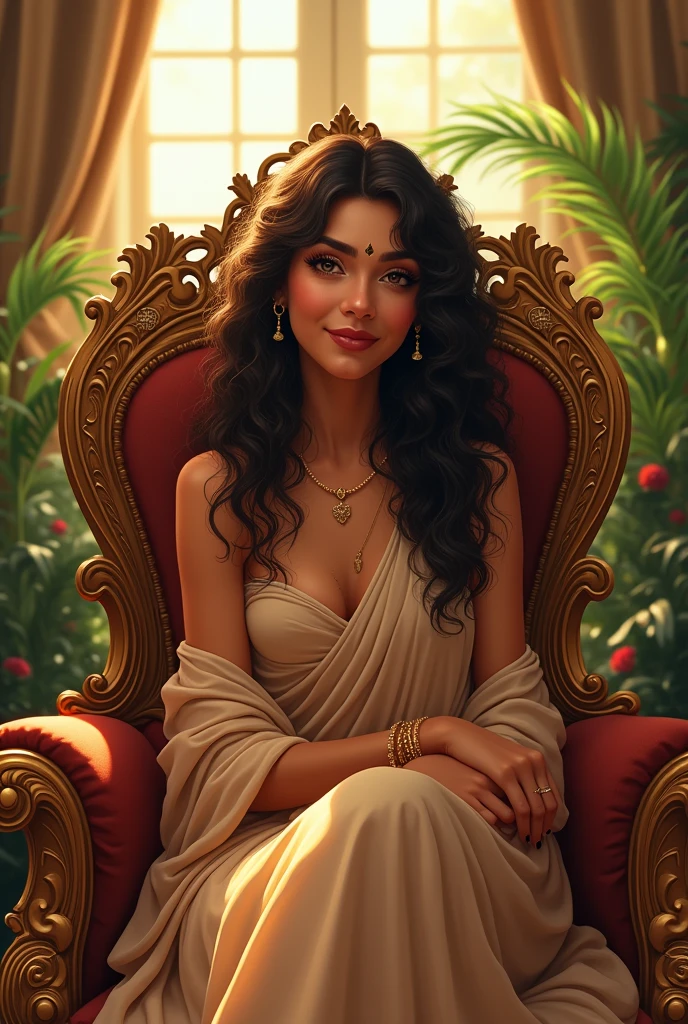 (photorealism:1.2), beautiful woman, sitting on the throne, wearing loose off-shoulder top, dhuti, long curly hair, indoors, soft lighting, plants and bengali elements in background, window with sunlight, cozy room, relaxed and happy pose, looking at eachother,cartoon, intricate details, warm colors, by Greg Rutkowski, by Alphonse Mucha